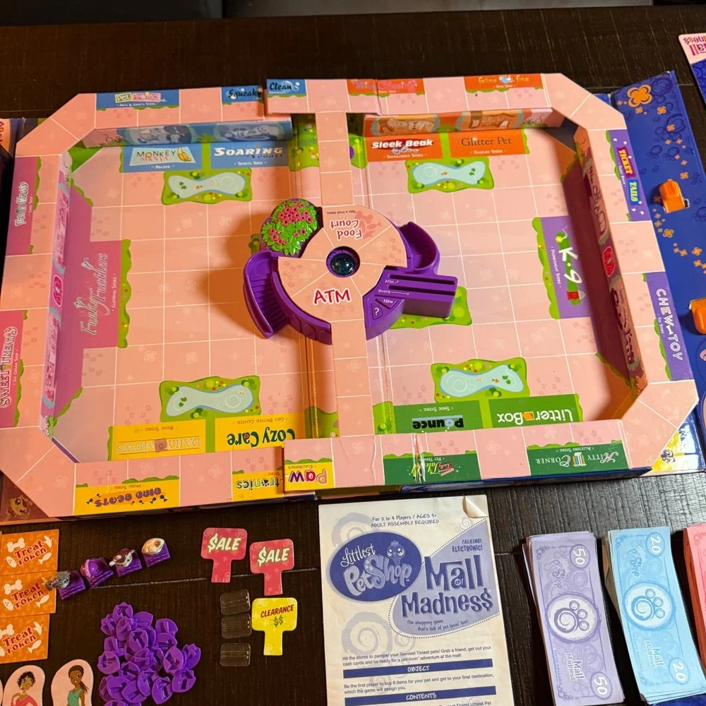 Littlest Pet Shop Mall Madness Board Game Pink Blue Electronic Shopping Figures